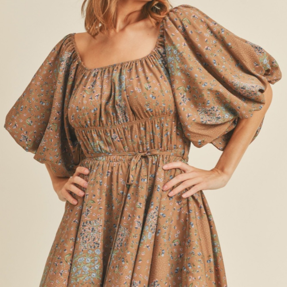 Bubble sleeve dress mocha floral - Picture 4 of 7